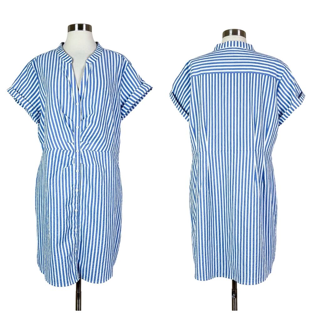 UNTUCKit | Striped Blue White Cybil Ruched Button Front Plus Size Summer Dress
